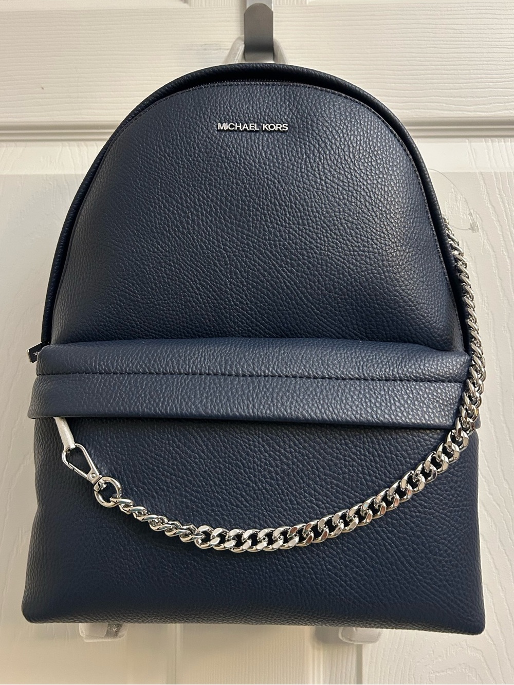 Michael Kors Navy Pebbled Leather Backpack with Silver Chain